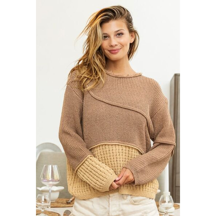 BiBi Texture Detail Contrast Drop Shoulder Sweater MOCHA BROWN COMBO / S Apparel and Accessories