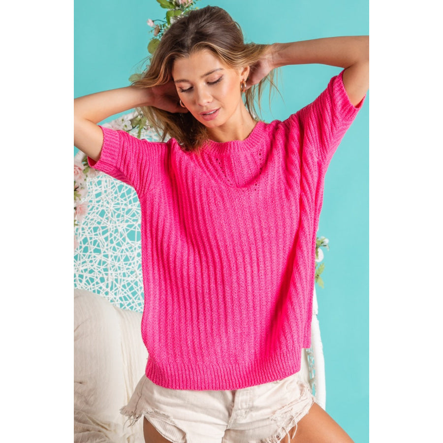 BiBi Texture Round Neck Short Sleeve Knit Top Apparel and Accessories