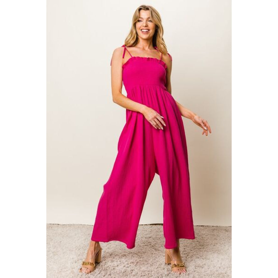 BiBi Texture Smocked Sleeveless Jumpsuit FUCHSIA / S Apparel and Accessories