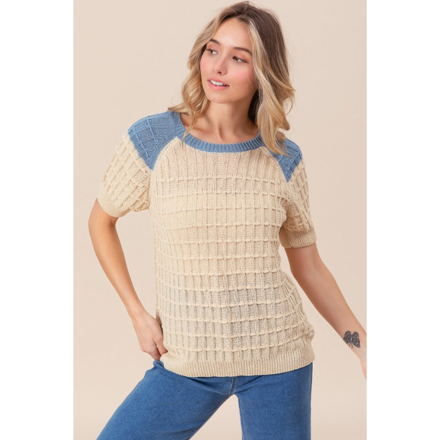 BiBi Textured Contrast Short Sleeve Sweater Apparel and Accessories