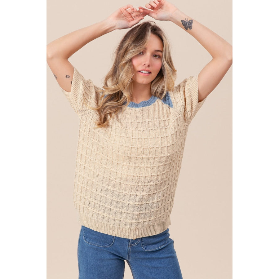 BiBi Textured Contrast Short Sleeve Sweater Apparel and Accessories