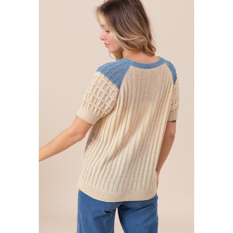 BiBi Textured Contrast Short Sleeve Sweater Apparel and Accessories