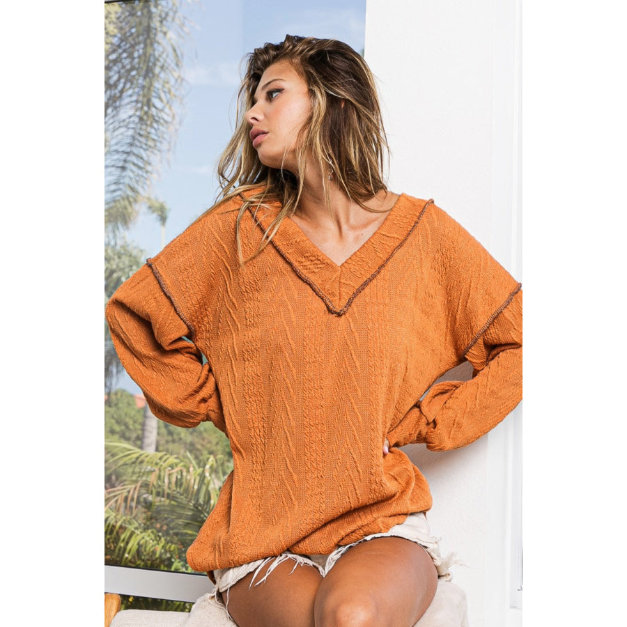 BiBi Textured Exposed Seam Drop Shoulder Knit Top Rust / S Apparel and Accessories