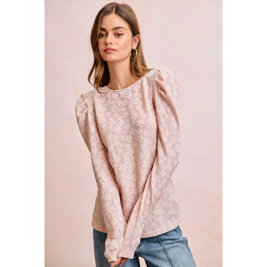 BiBi Textured Flower Knit Puff Shoulder Top Apparel and Accessories