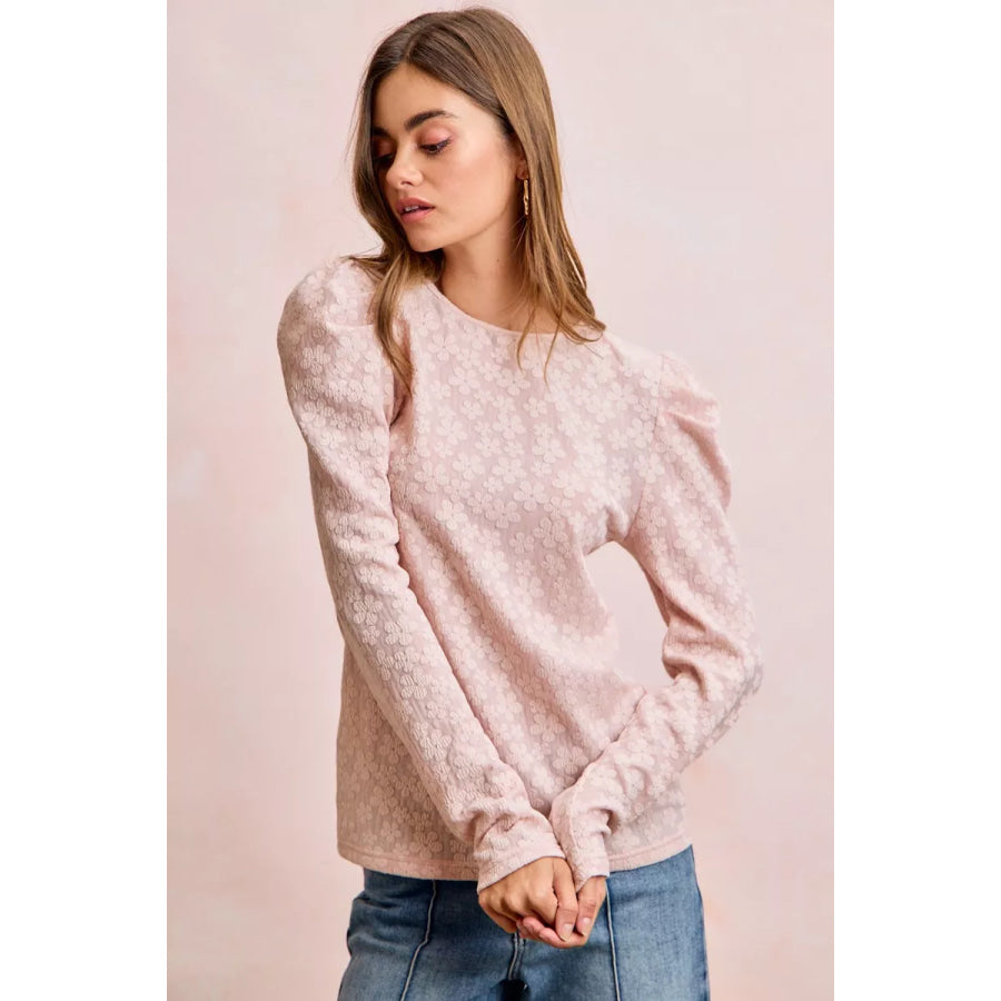 BiBi Textured Flower Knit Puff Shoulder Top Apparel and Accessories