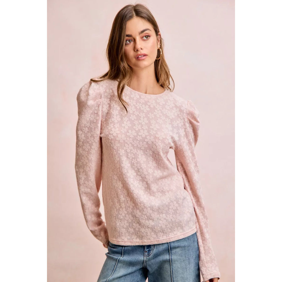 BiBi Textured Flower Knit Puff Shoulder Top Apparel and Accessories