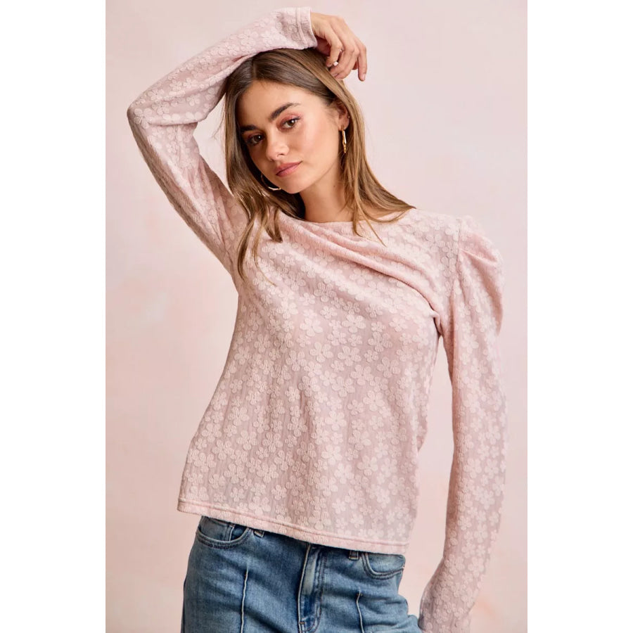 BiBi Textured Flower Knit Puff Shoulder Top Apparel and Accessories