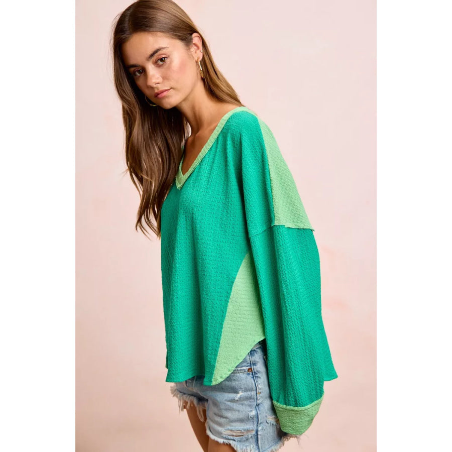 BiBi Textured Jersey Color Block Top With Cut Edge Apparel and Accessories