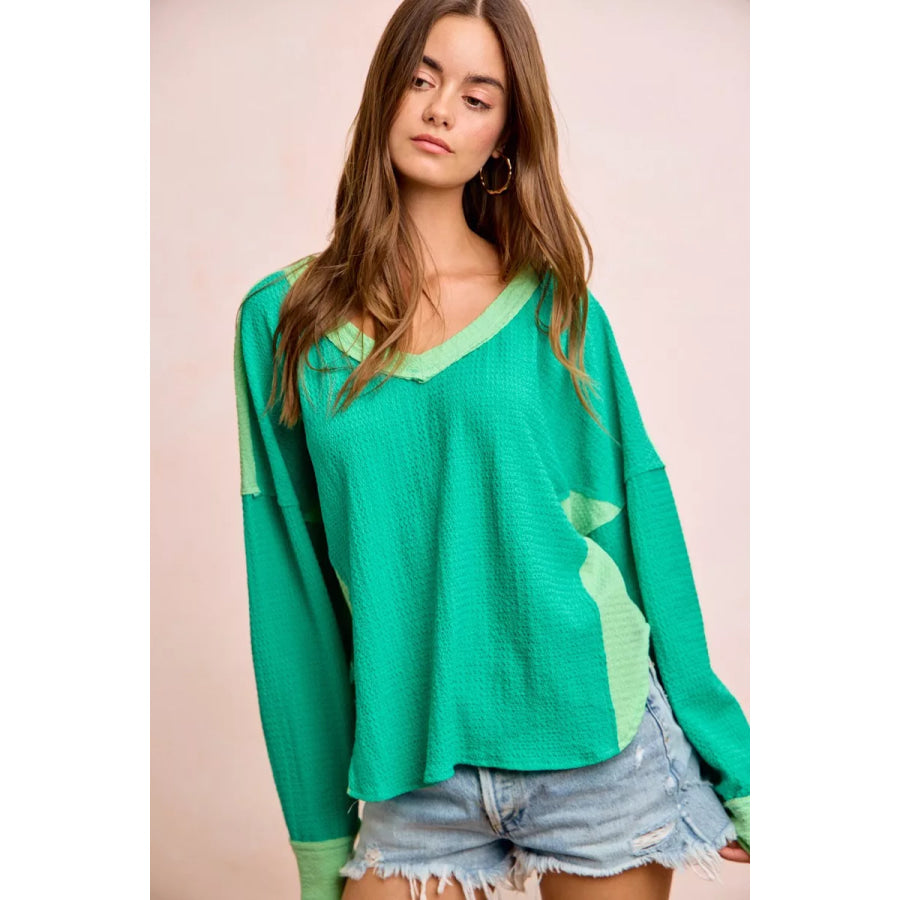 BiBi Textured Jersey Color Block Top With Cut Edge Apparel and Accessories