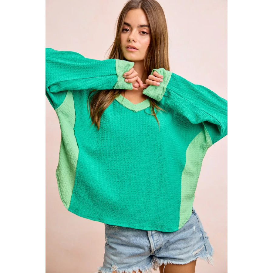 BiBi Textured Jersey Color Block Top With Cut Edge Apparel and Accessories