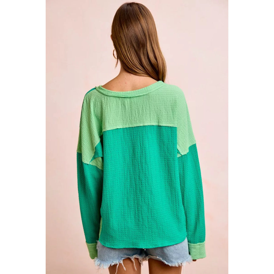 BiBi Textured Jersey Color Block Top With Cut Edge Apparel and Accessories