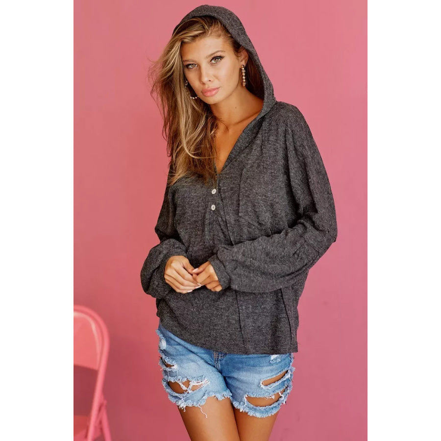 BiBi Textured Knit Hoodie with Buttoned Placket Apparel and Accessories