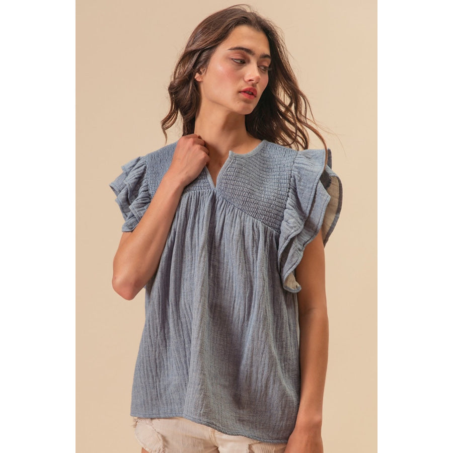 BiBi Textured Ruffled Smocked Blouse Apparel and Accessories