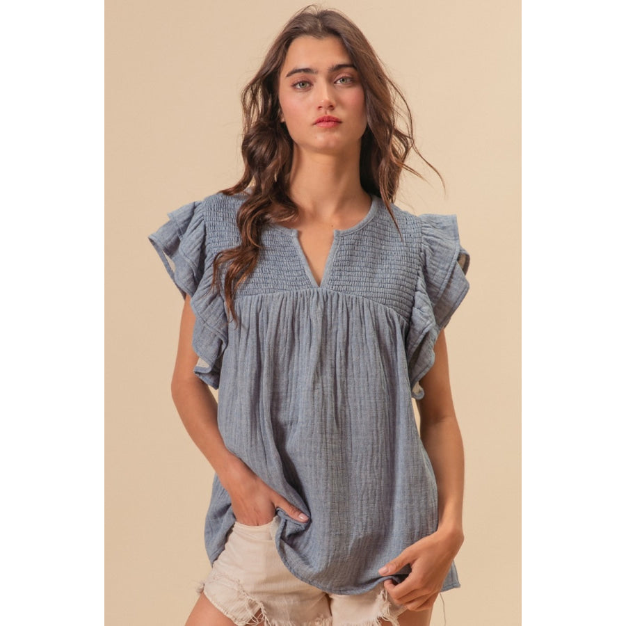 BiBi Textured Ruffled Smocked Blouse Dusty Blue / S Apparel and Accessories
