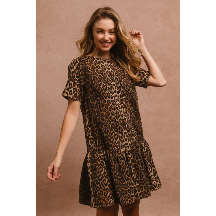 BiBi Tie Back Leopard Round Neck Short Sleeve Dress Apparel and Accessories