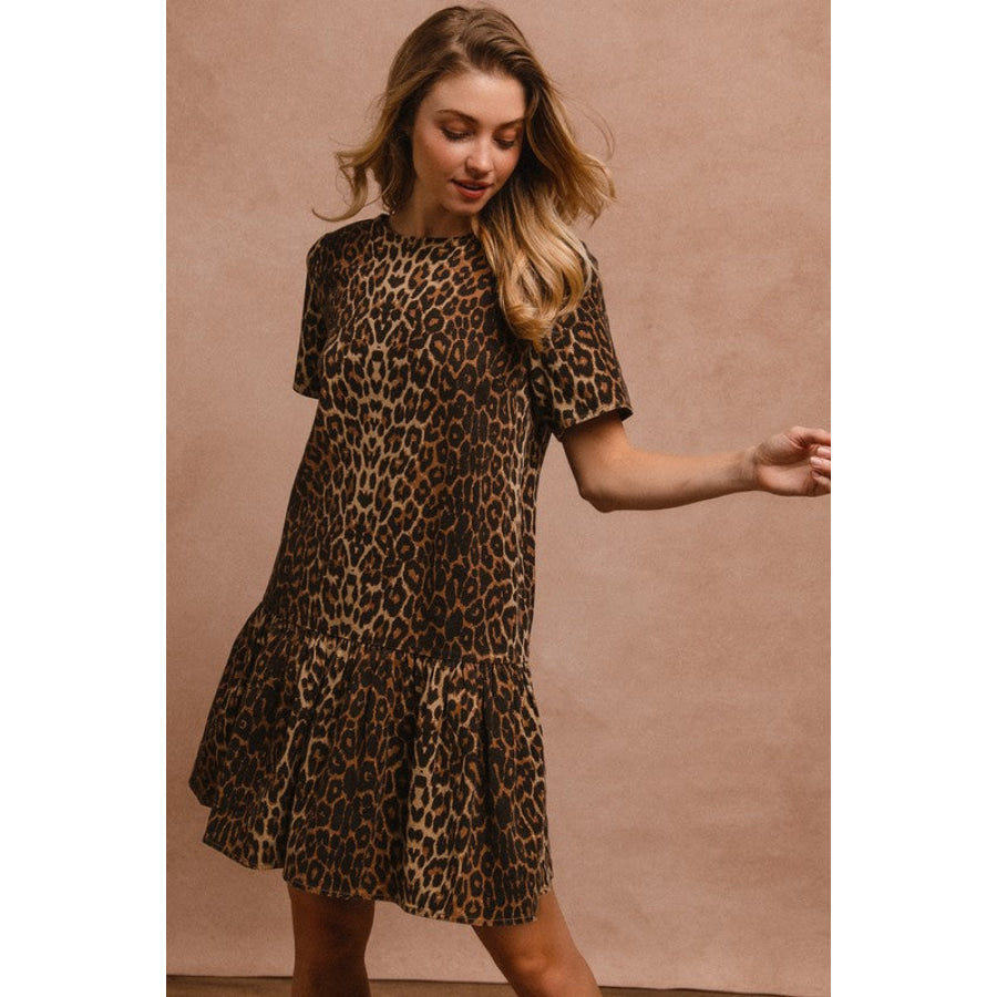 BiBi Tie Back Leopard Round Neck Short Sleeve Dress Apparel and Accessories