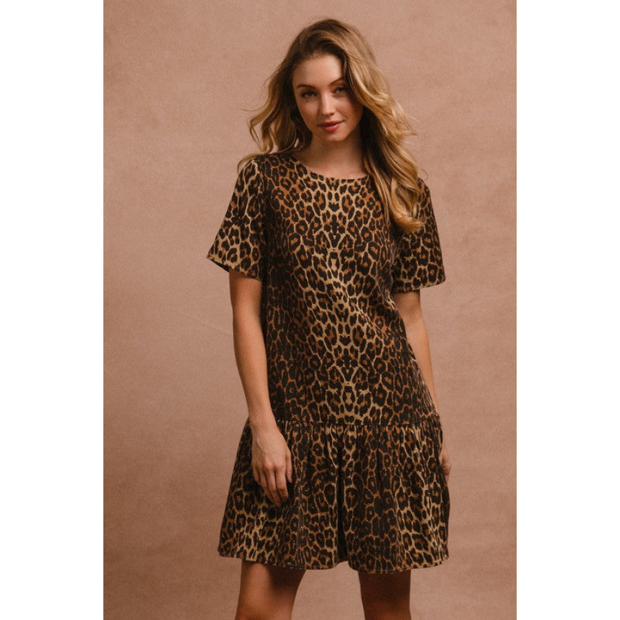 BiBi Tie Back Leopard Round Neck Short Sleeve Dress Apparel and Accessories