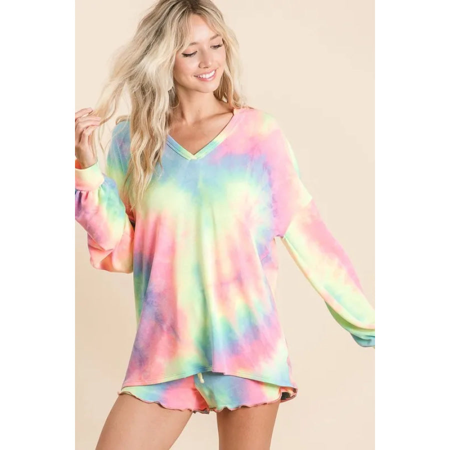 BiBi Tie Dye French Terry Top With Balloon Sleeves Apparel and Accessories