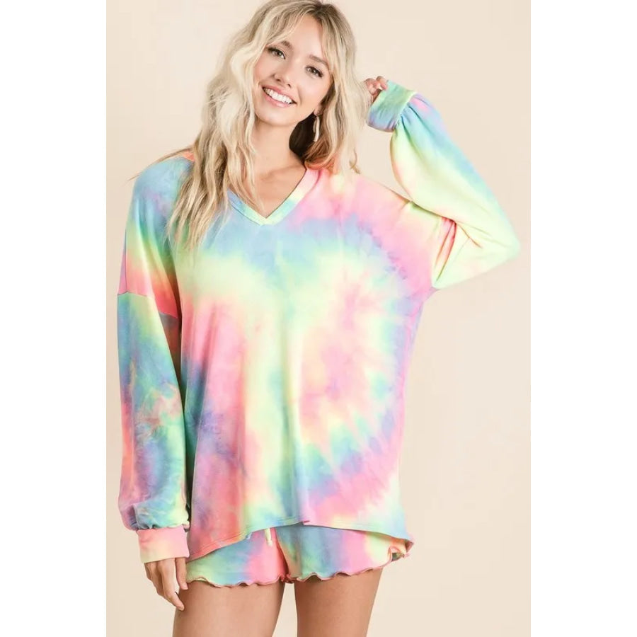 BiBi Tie Dye French Terry Top With Balloon Sleeves PASTEL TIEDYE / S Apparel and Accessories