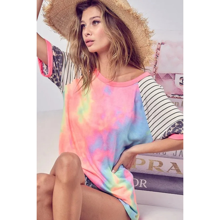 BiBi Tie Dye French Terry Top With Stripe Raglan Apparel and Accessories