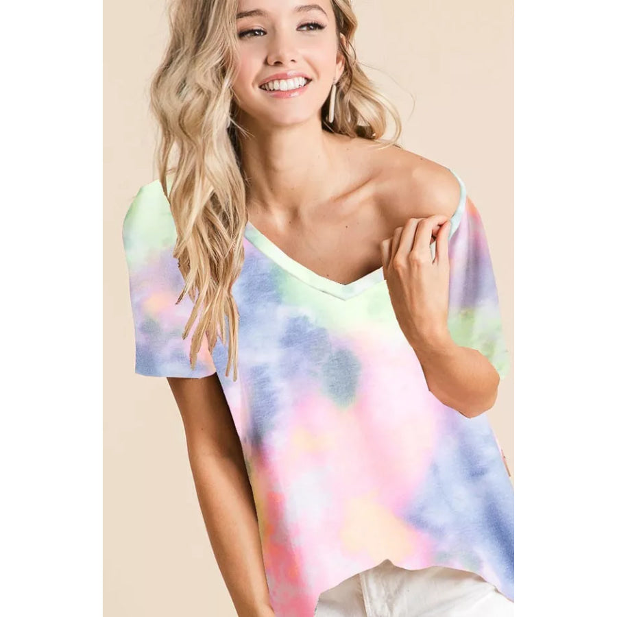 BiBi Tie-Dye Jersey V-Neck Short Sleeve T-Shirt NEON PINK/GREY / S Apparel and Accessories