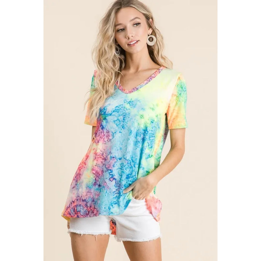 BiBi Tie Dye Print Jersey V Neck Top Apparel and Accessories