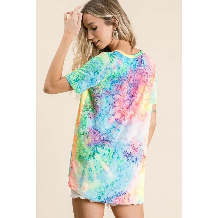 BiBi Tie Dye Print Jersey V Neck Top Apparel and Accessories
