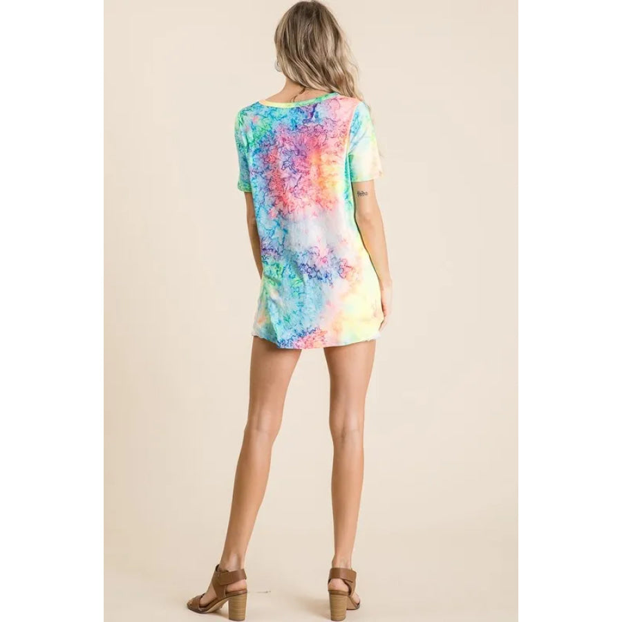 BiBi Tie Dye Print Jersey V Neck Top Apparel and Accessories