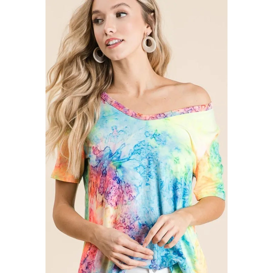 BiBi Tie Dye Print Jersey V Neck Top Apparel and Accessories