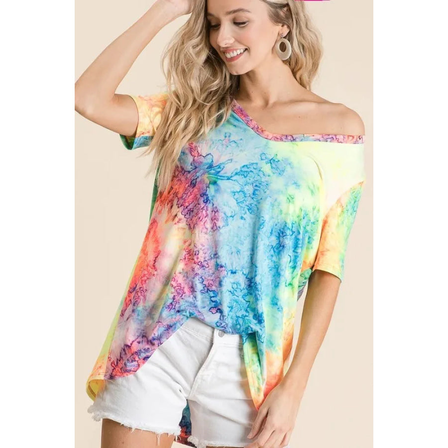 BiBi Tie Dye Print Jersey V Neck Top MULTI / S Apparel and Accessories