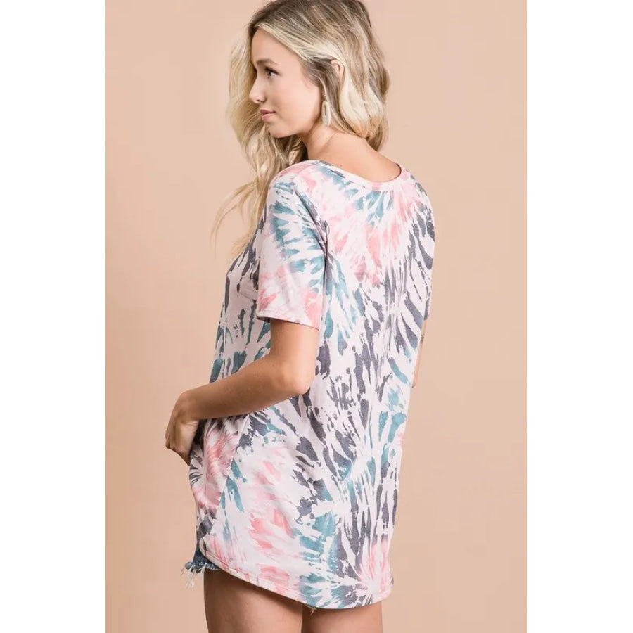 BiBi Tie Dye Print Terry Deep U Neck Top Apparel and Accessories