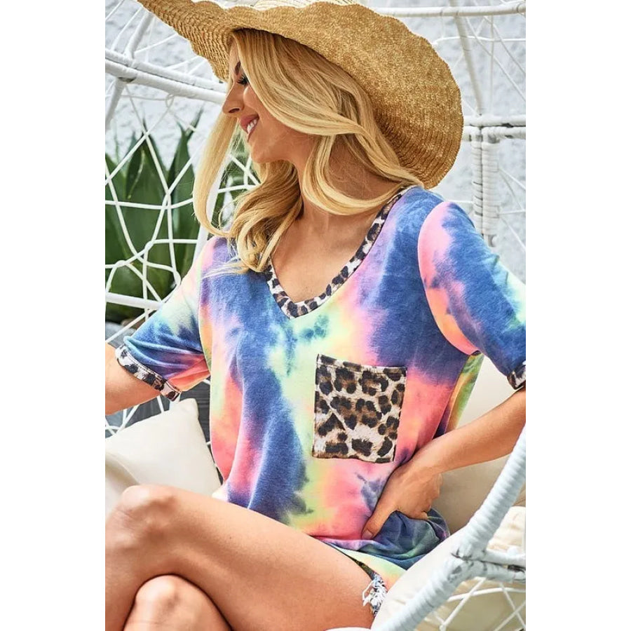 BiBi Tie Dye Print V Neck Top With Front Patch Pocket CHARCOAL TIEDYE / S Apparel and Accessories