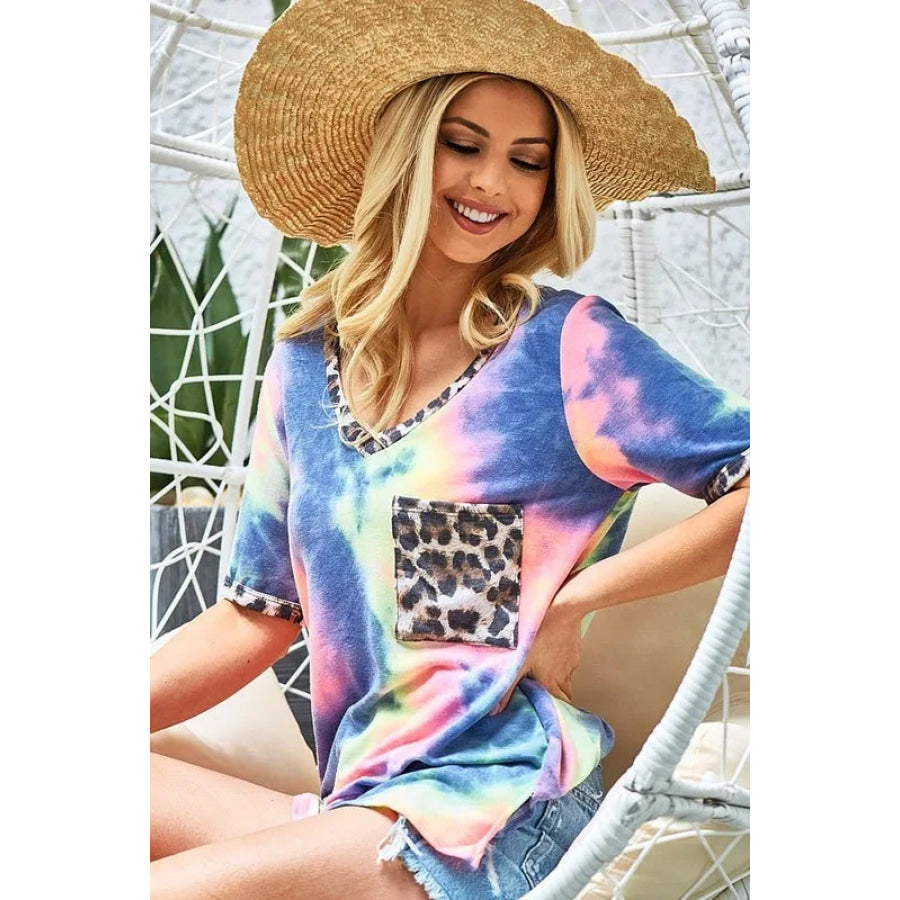 BiBi Tie Dye Print V Neck Top With Front Patch Pocket Apparel and Accessories
