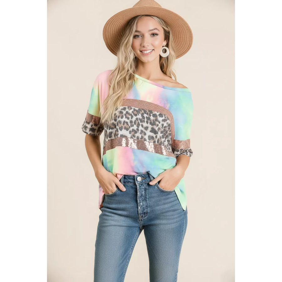BiBi Tie Dye Terry Top with Leopard and Sequins Block PASTEL TIE DYE / S Apparel and Accessories
