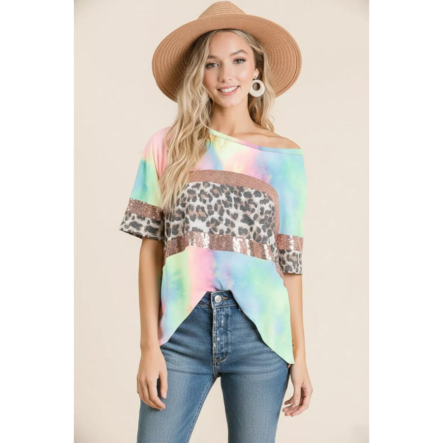 BiBi Tie Dye Terry Top with Leopard and Sequins Block Apparel and Accessories