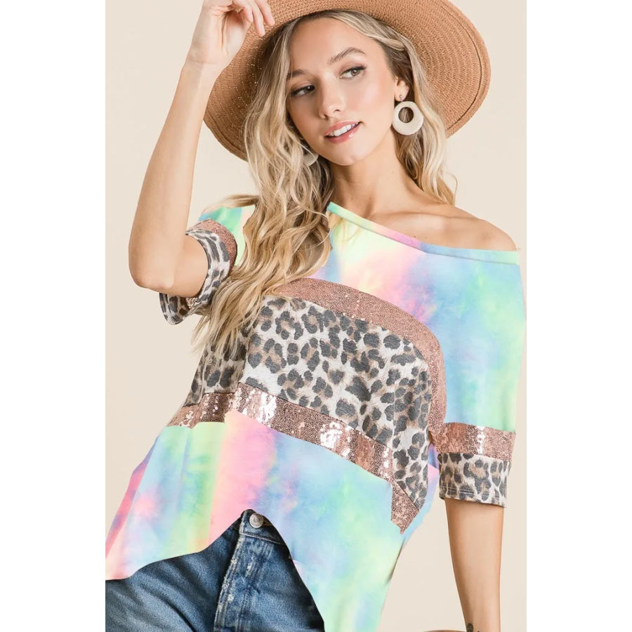 BiBi Tie Dye Terry Top with Leopard and Sequins Block PASTEL TIE DYE / S Apparel and Accessories