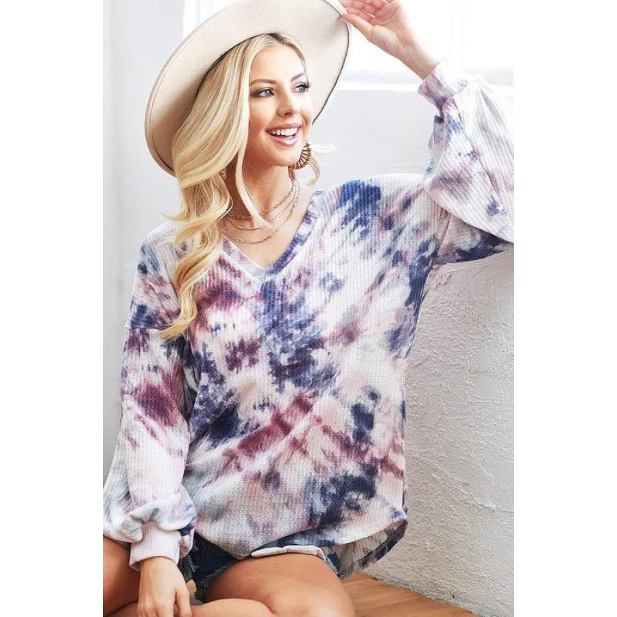 BiBi Tie-Dye V-Neck Long Sleeve Waffle Top Apparel and Accessories