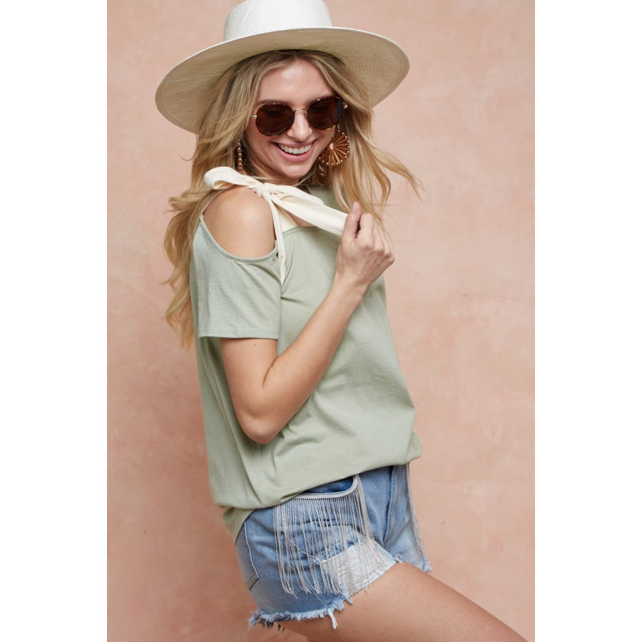 BiBi Tied Ribbon One Shoulder Short Sleeve T-Shirt Apparel and Accessories