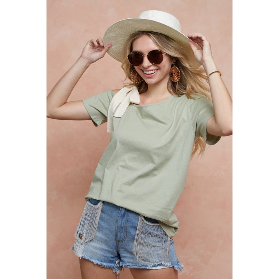 BiBi Tied Ribbon One Shoulder Short Sleeve T-Shirt Apparel and Accessories