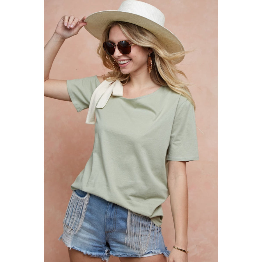 BiBi Tied Ribbon One Shoulder Short Sleeve T-Shirt Apparel and Accessories