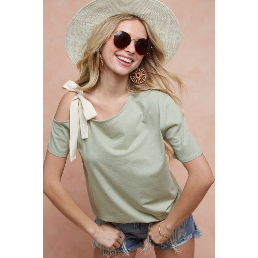 BiBi Tied Ribbon One Shoulder Short Sleeve T-Shirt Sage/Cream / S Apparel and Accessories