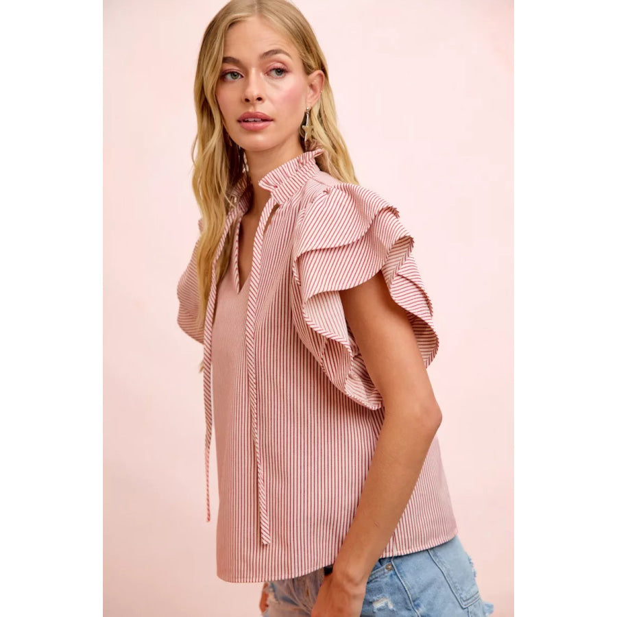 BiBi Twill Striped Ruffle Sleeve Blouse Apparel and Accessories