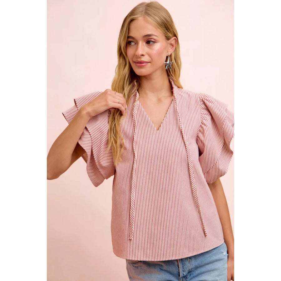 BiBi Twill Striped Ruffle Sleeve Blouse Apparel and Accessories