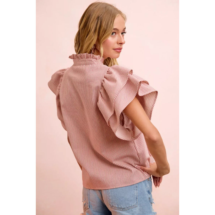 BiBi Twill Striped Ruffle Sleeve Blouse Apparel and Accessories
