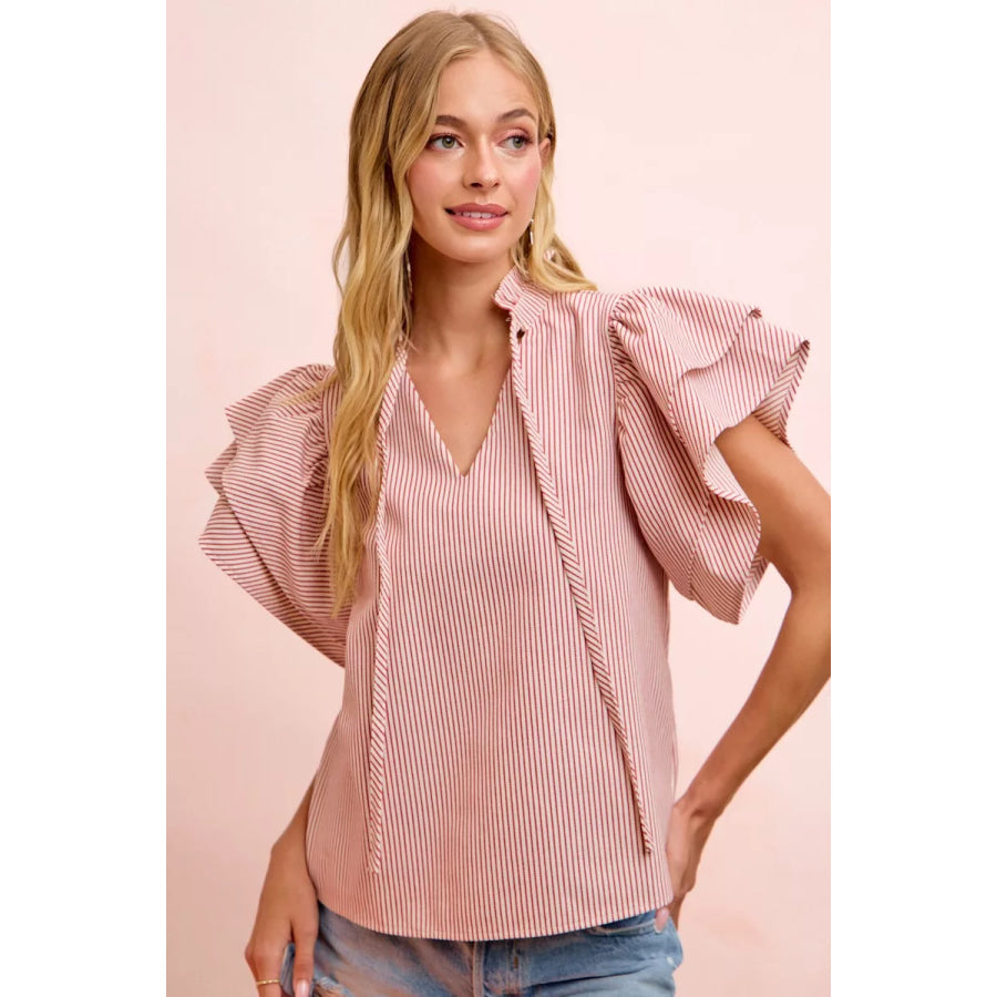 BiBi Twill Striped Ruffle Sleeve Blouse RED / S Apparel and Accessories