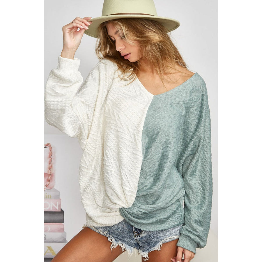 BiBi Twist Front Contrast Cable Knit Top Apparel and Accessories