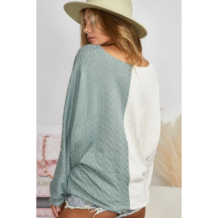 BiBi Twist Front Contrast Cable Knit Top Ivory/Sage / S Apparel and Accessories