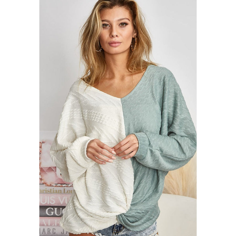 BiBi Twist Front Contrast Cable Knit Top Apparel and Accessories