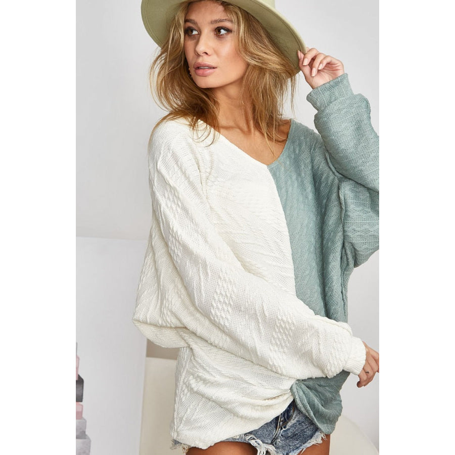 BiBi Twist Front Contrast Cable Knit Top Apparel and Accessories