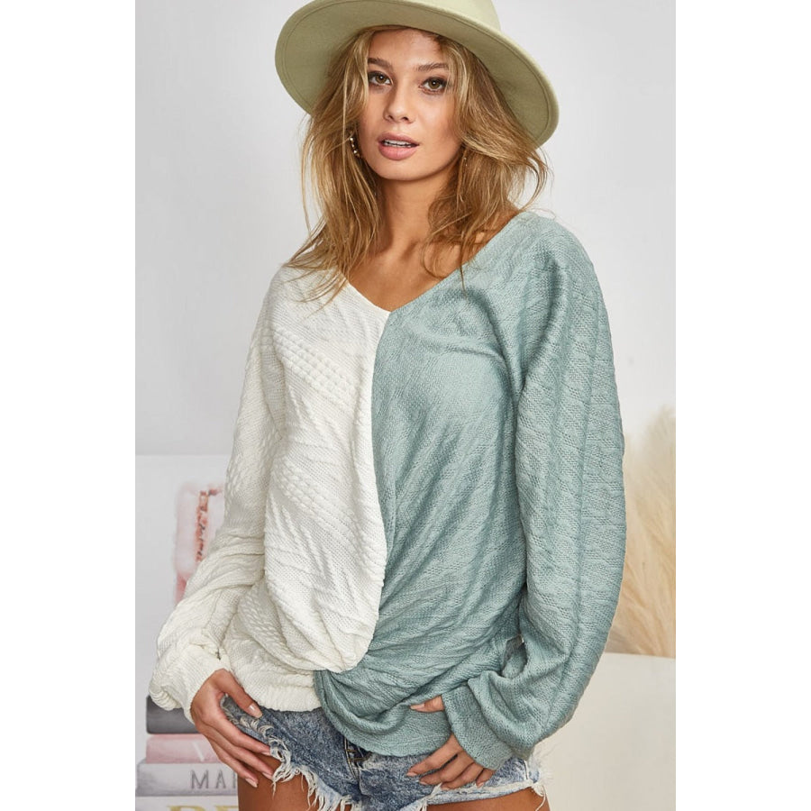 BiBi Twist Front Contrast Cable Knit Top Ivory/Sage / S Apparel and Accessories